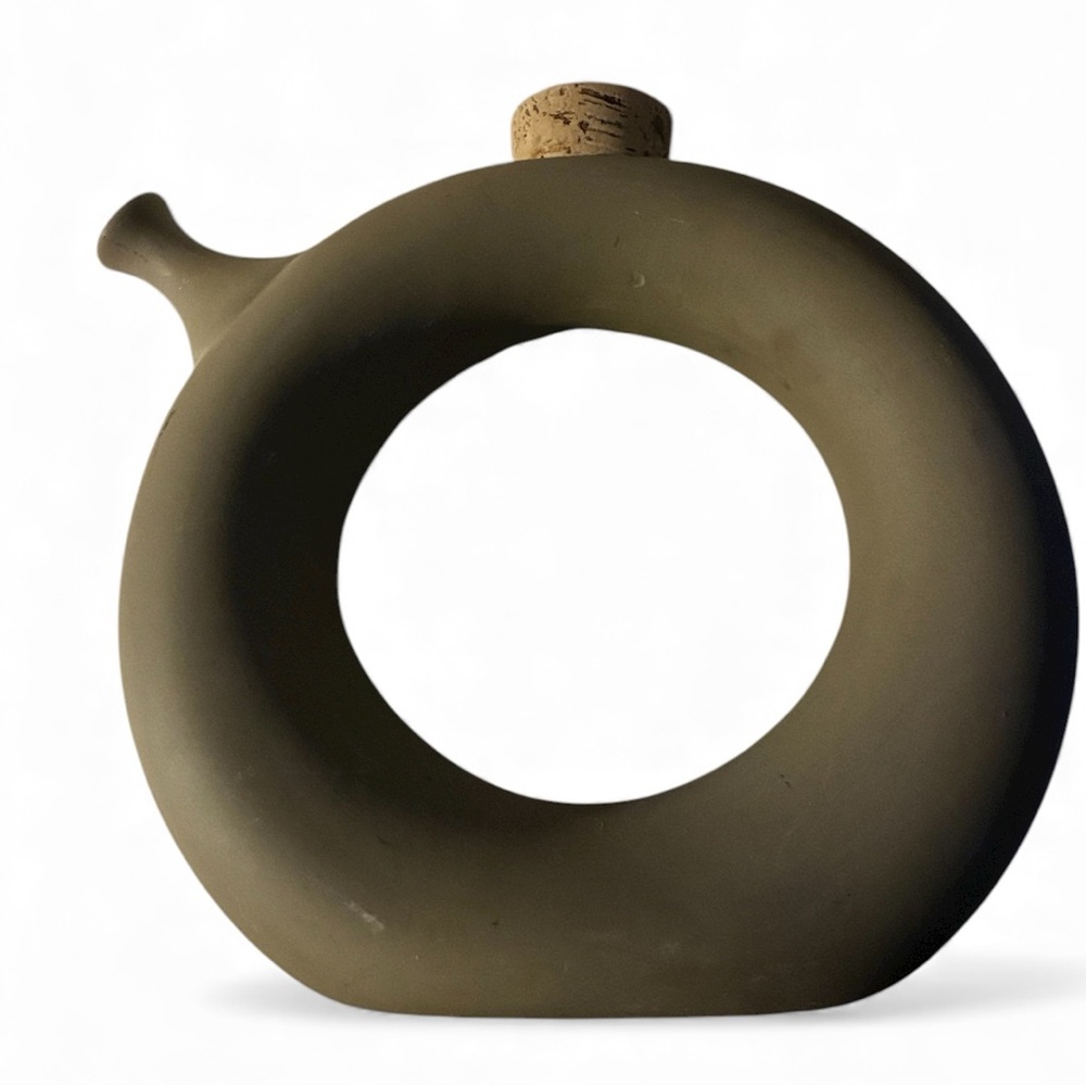 Hartstone Pottery donut-shaped decanter pitcher from the 1960s /70’s Tan Vessel